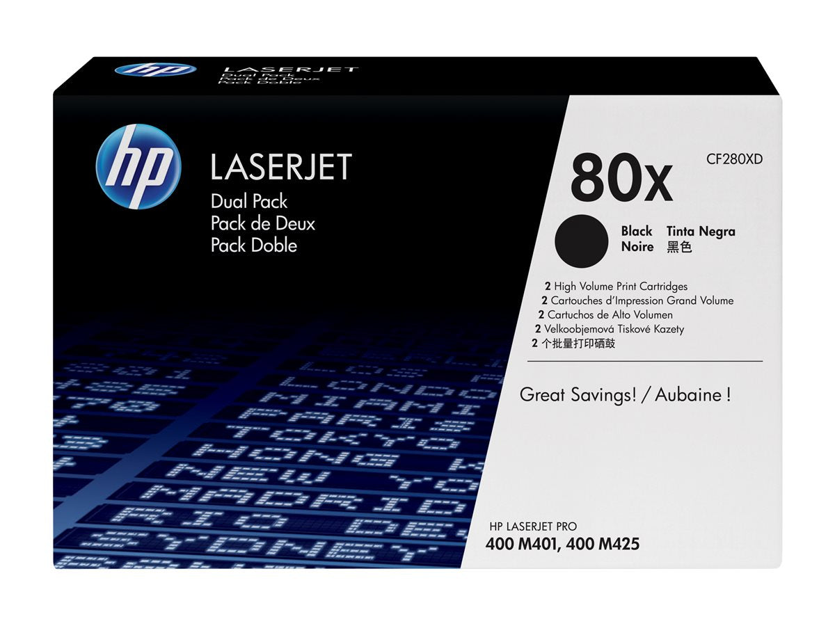 HP 80X - 2-pack - High Yield - black - original - LaserJet - toner cartridge (CF280XD) - for LaserJet Pro 400 M401, MFP M425